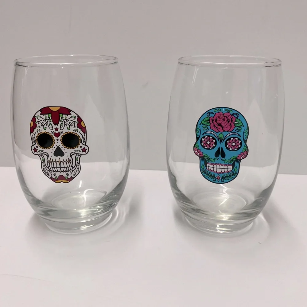 Day of the Dead Sugar Skull Stemless Wine Glasses and Plates Set NWT